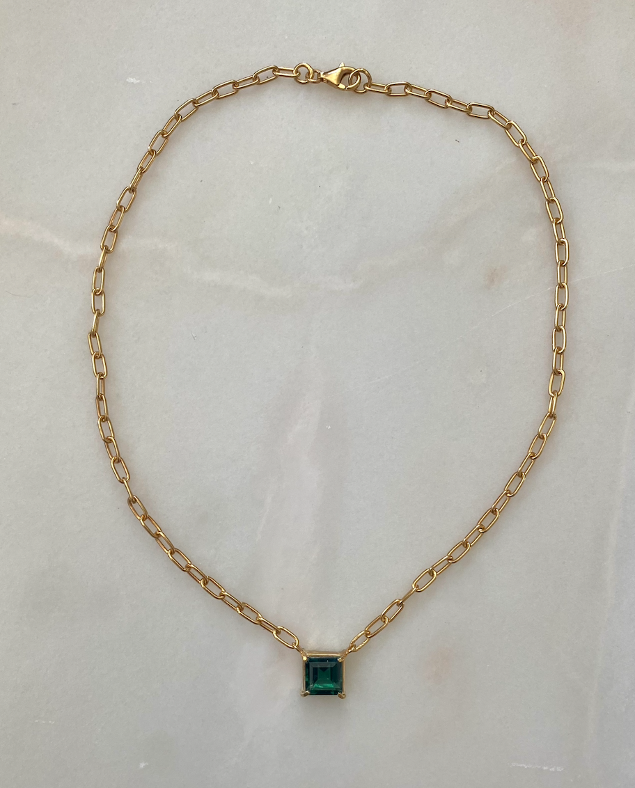 18K Gold Plated Green Quartz Link Necklace featuring green quartz stones