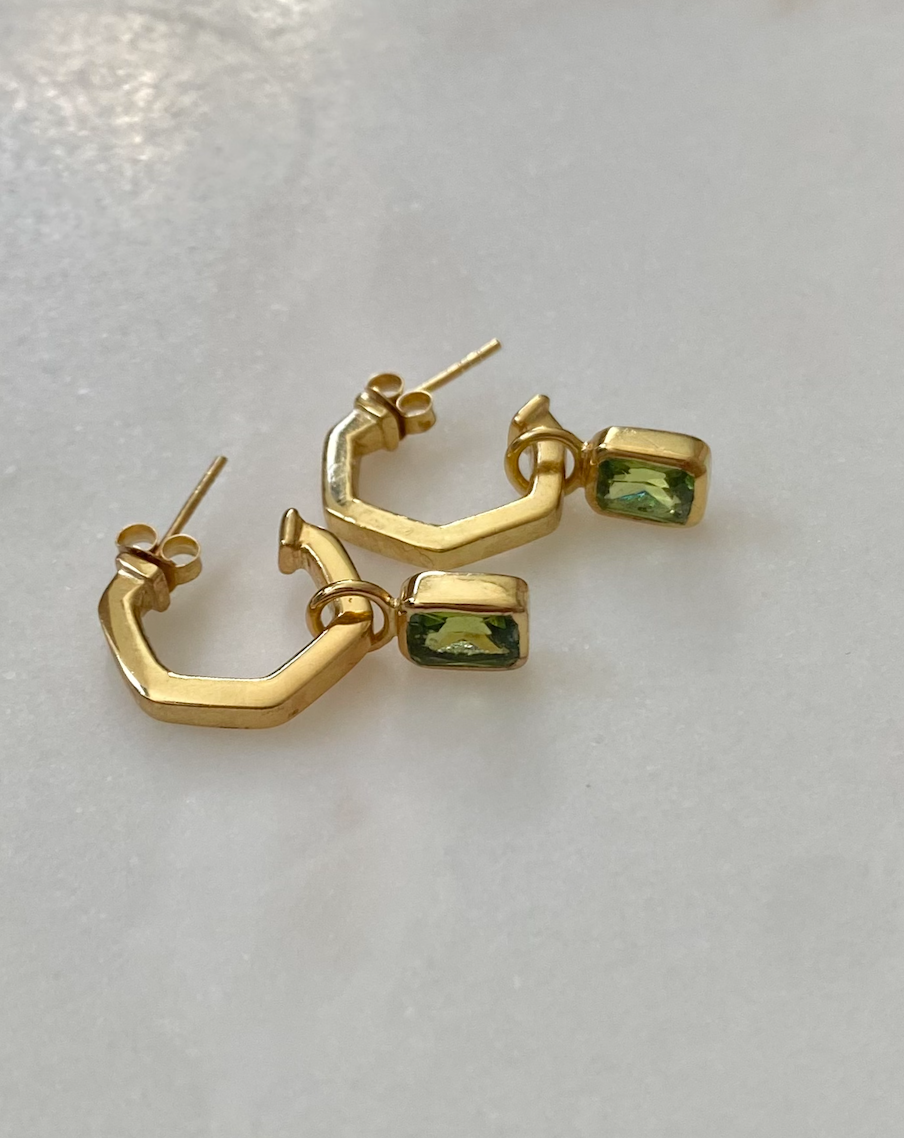 18k Gold Plated Hexagon Peridot Hoops