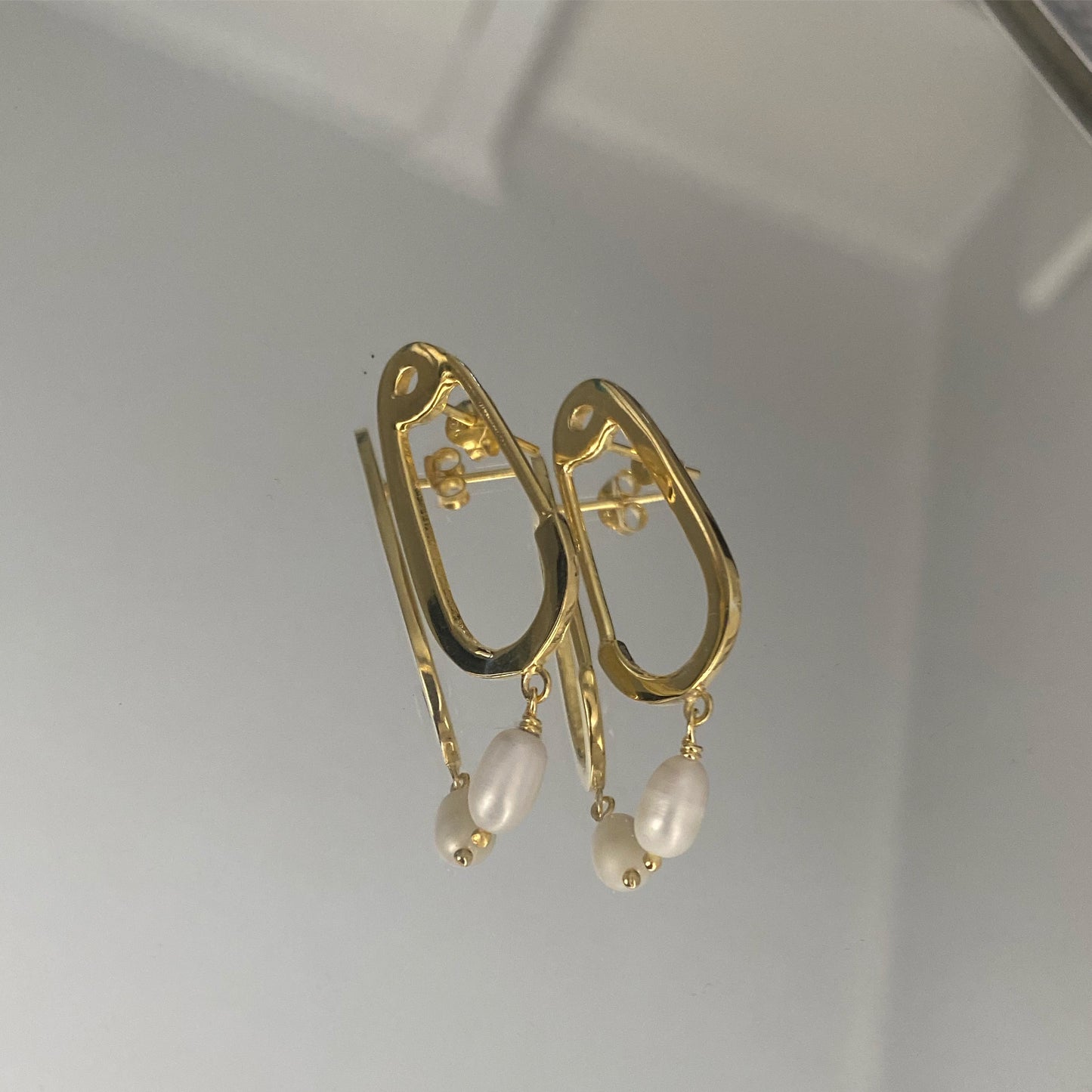 18K Gold Plated Safety Pin Pearl Earrings featuring fresh water pearls