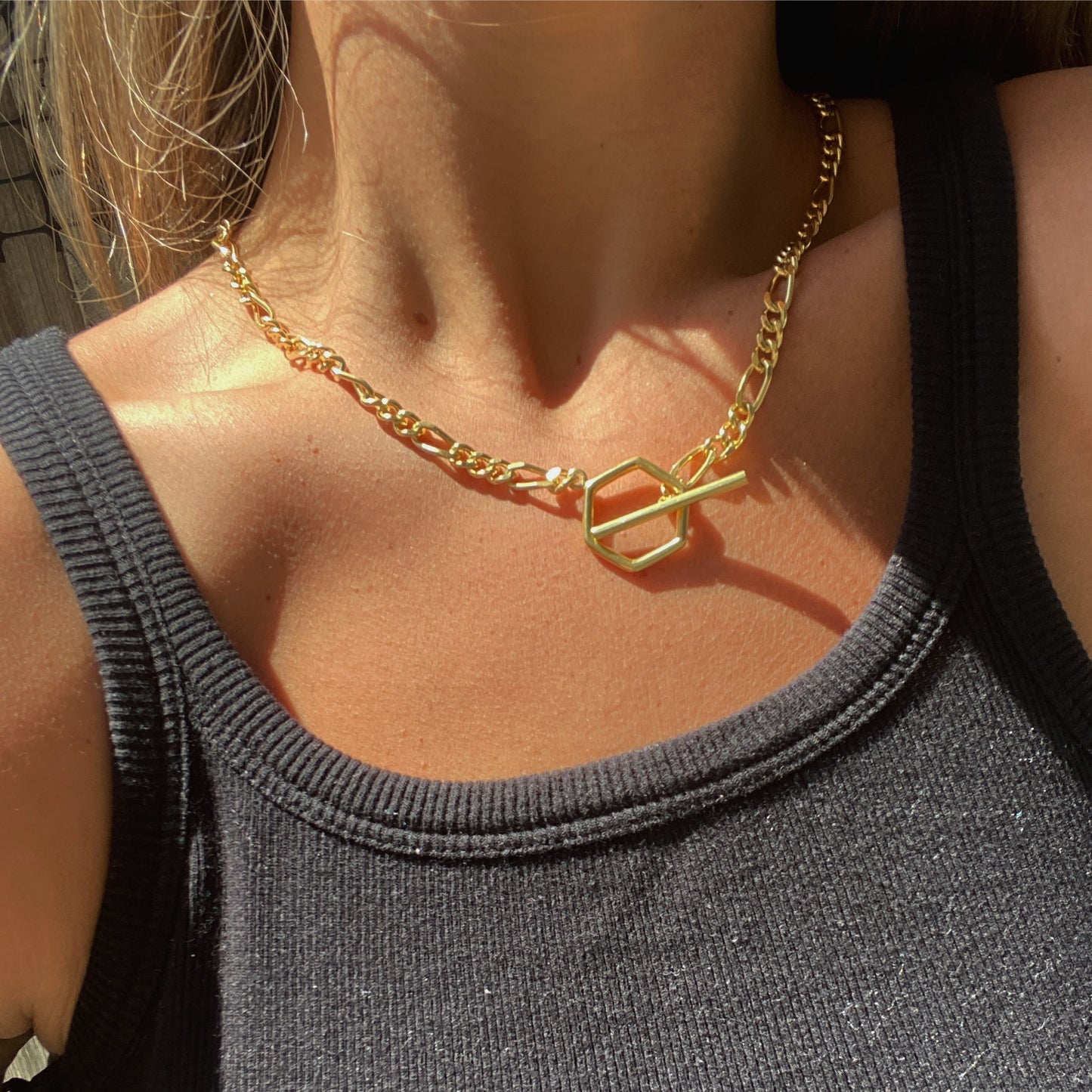 18K Gold Plated Figaro Hexagon Necklace 45cm
