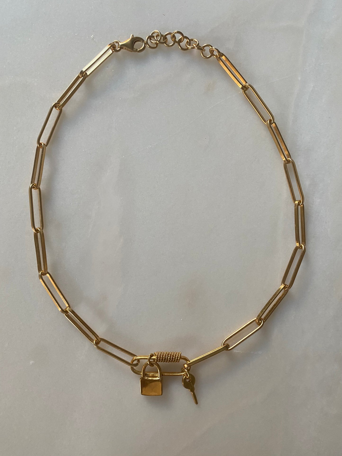 18k Gold Plated Lock and Key Chain Necklace 43cm Adjustable Chain