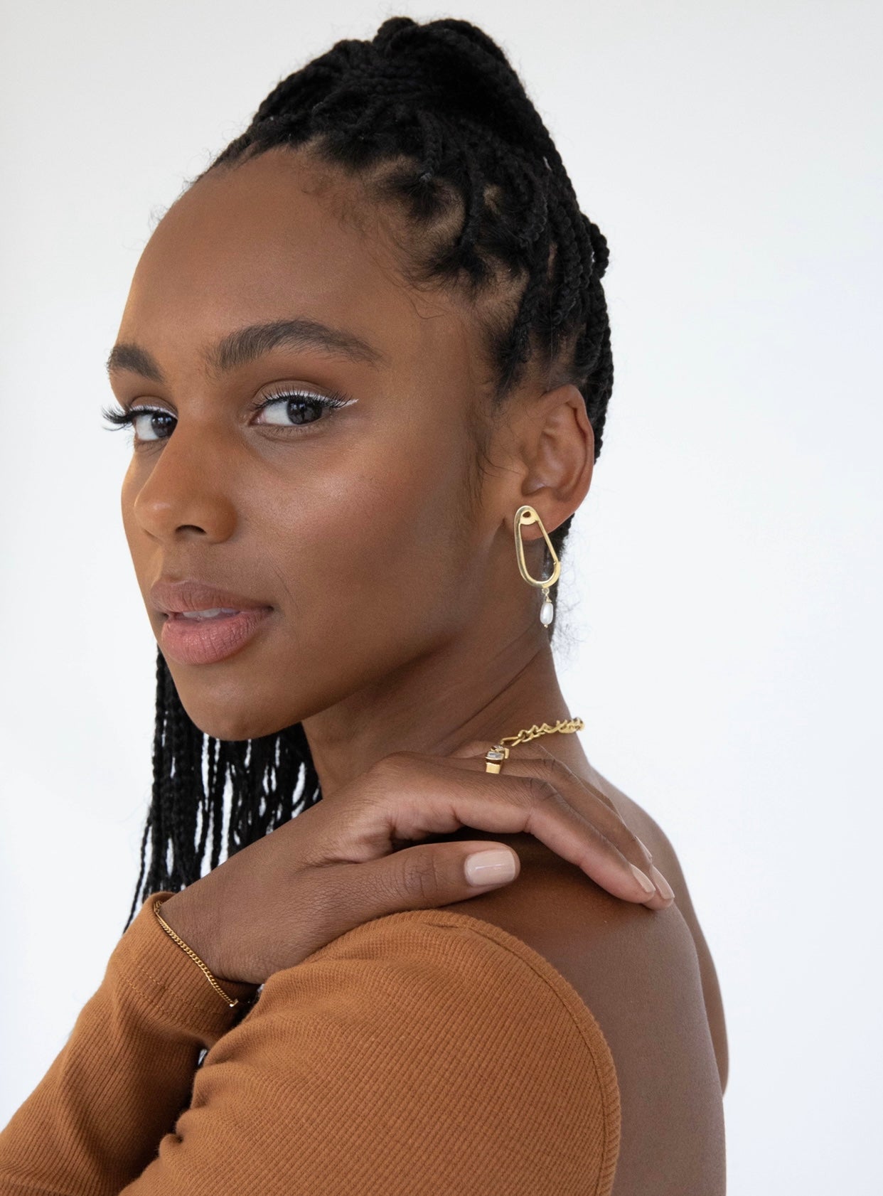 18K Gold Plated Safety Pin Pearl Earrings featuring fresh water pearls