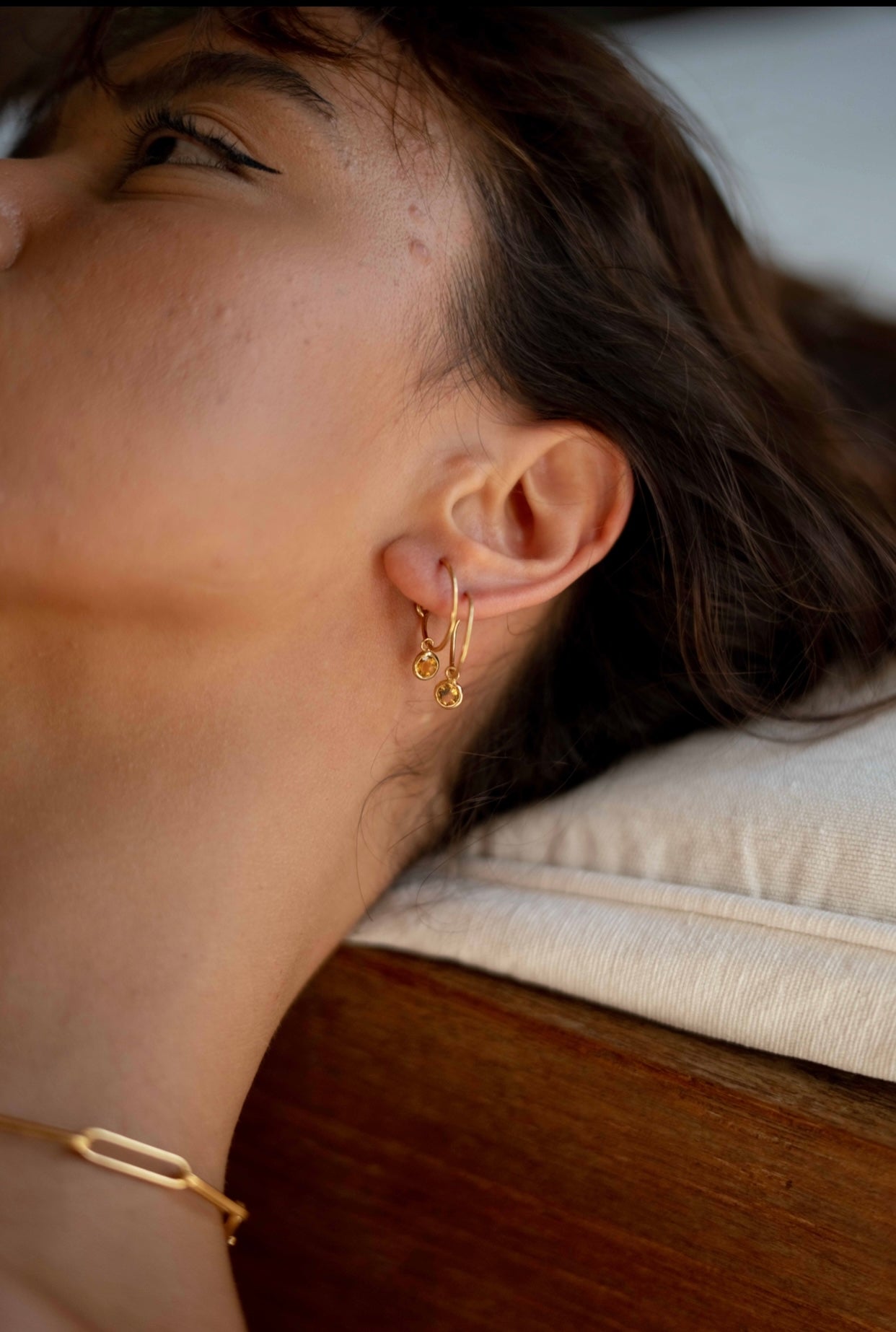 18k Gold Plated Citrine Wire Mini Drop Gemstone Hoops