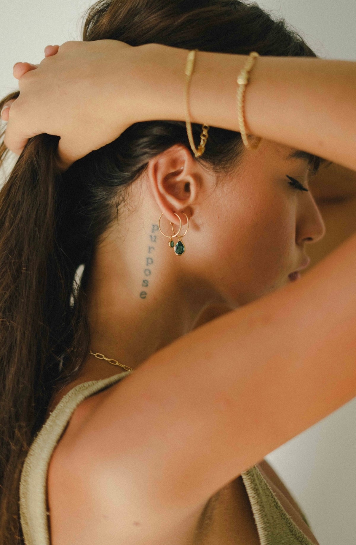 18k Gold Plated Green Quartz Wire Mini Drop Gemstone Hoops