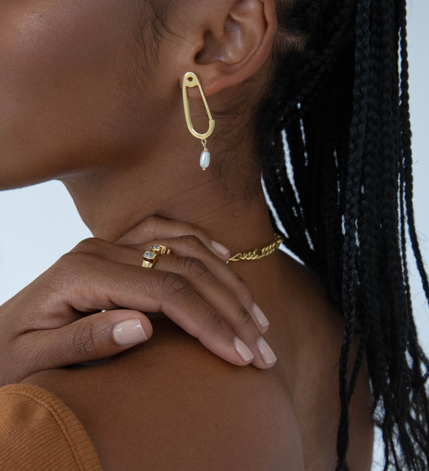 18K Gold Plated Safety Pin Pearl Earrings featuring fresh water pearls