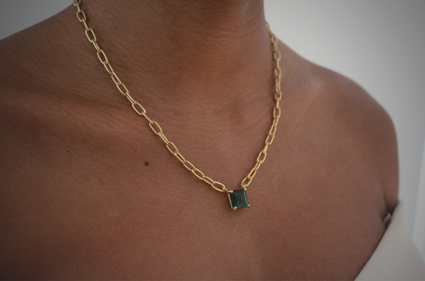 18K Gold Plated Green Quartz Link Necklace featuring green quartz stones