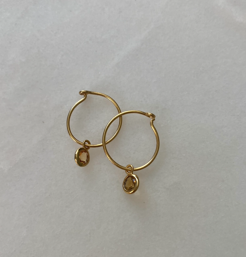 18k Gold Plated Citrine Wire Mini Drop Gemstone Hoops