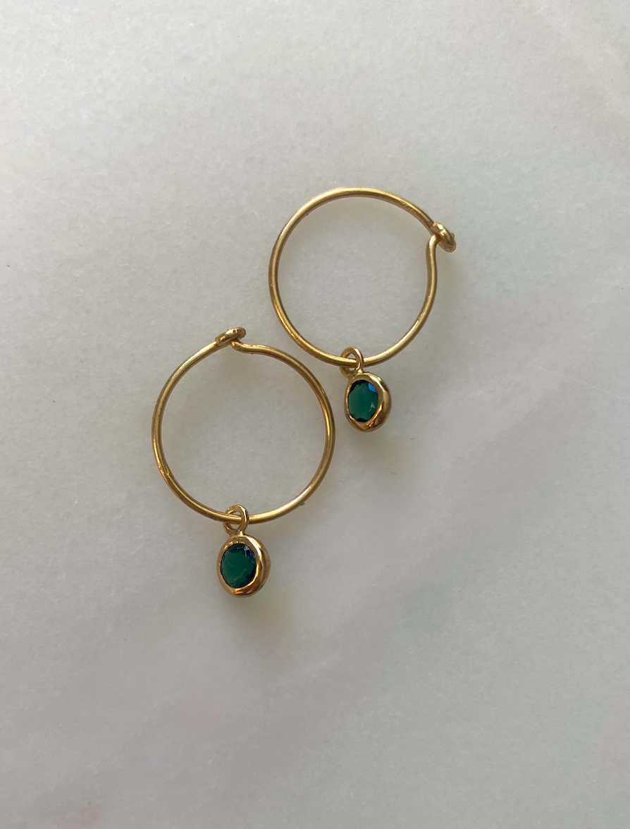 18k Gold Plated Green Quartz Wire Mini Drop Gemstone Hoops