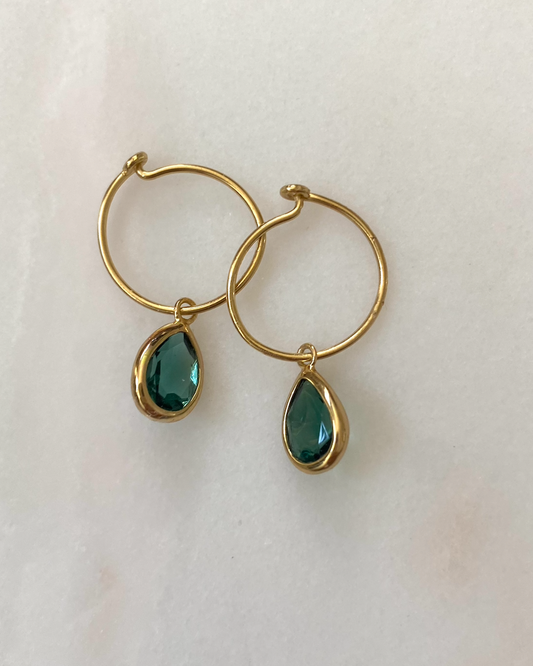 18k Gold Plated Green Quartz Wire Droplet hoops