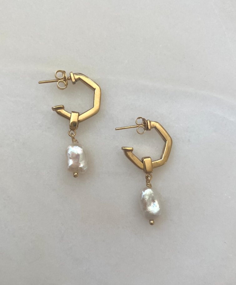 18k Gold Plated Hexagon Fresh Water Pearl Hoops