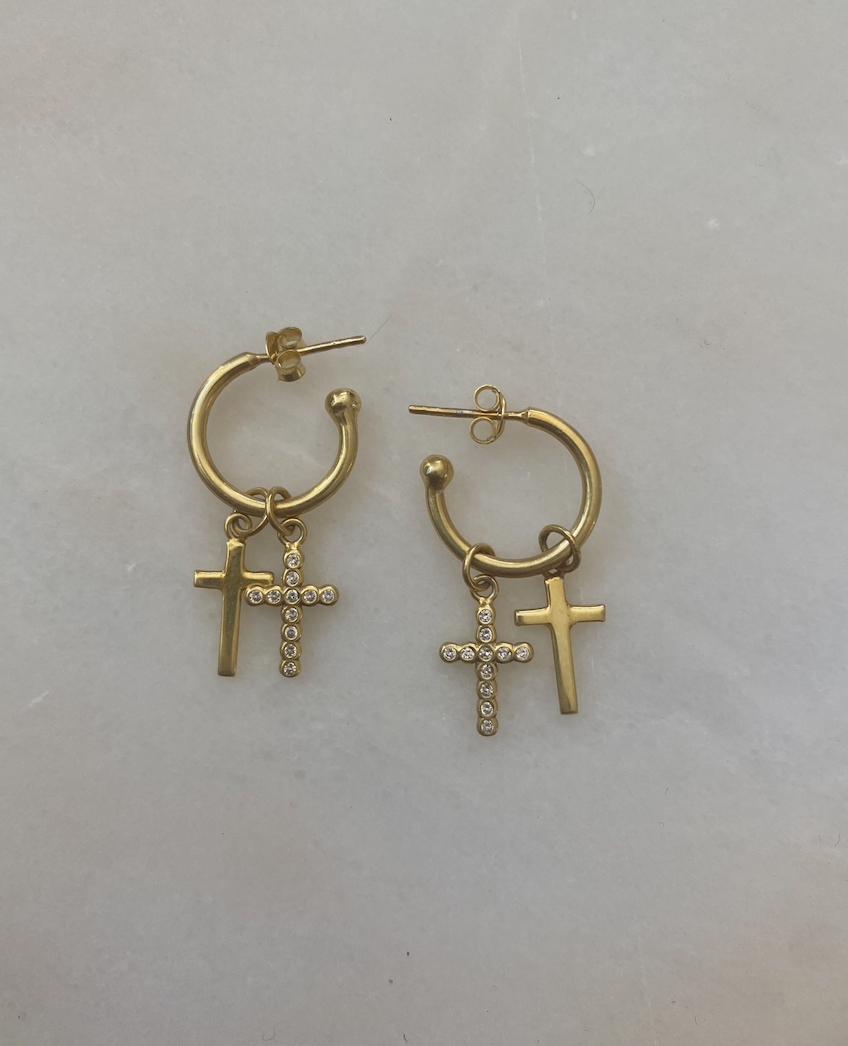 18K Gold Plated Double up cross hoops with Zirconia Stones