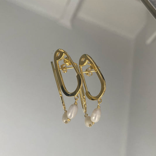 18K Gold Plated Safety Pin Pearl Earrings featuring fresh water pearls