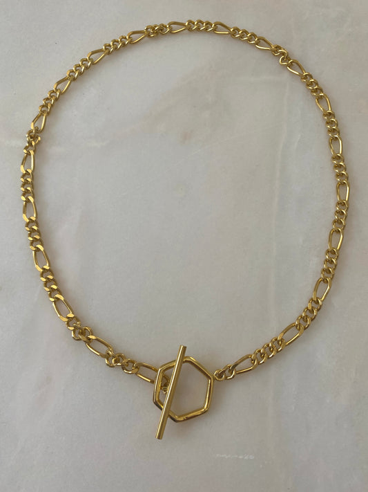 18K Gold Plated Figaro Hexagon Necklace  45cm