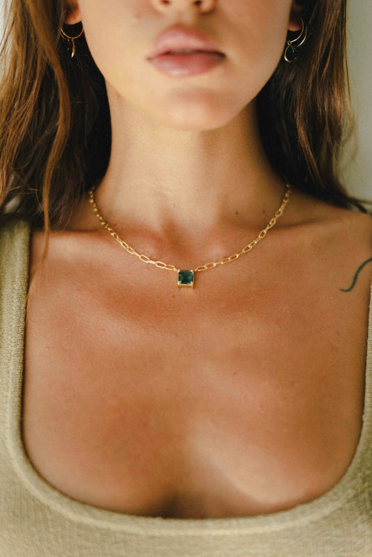 18K Gold Plated Green Quartz Link Necklace featuring green quartz stones